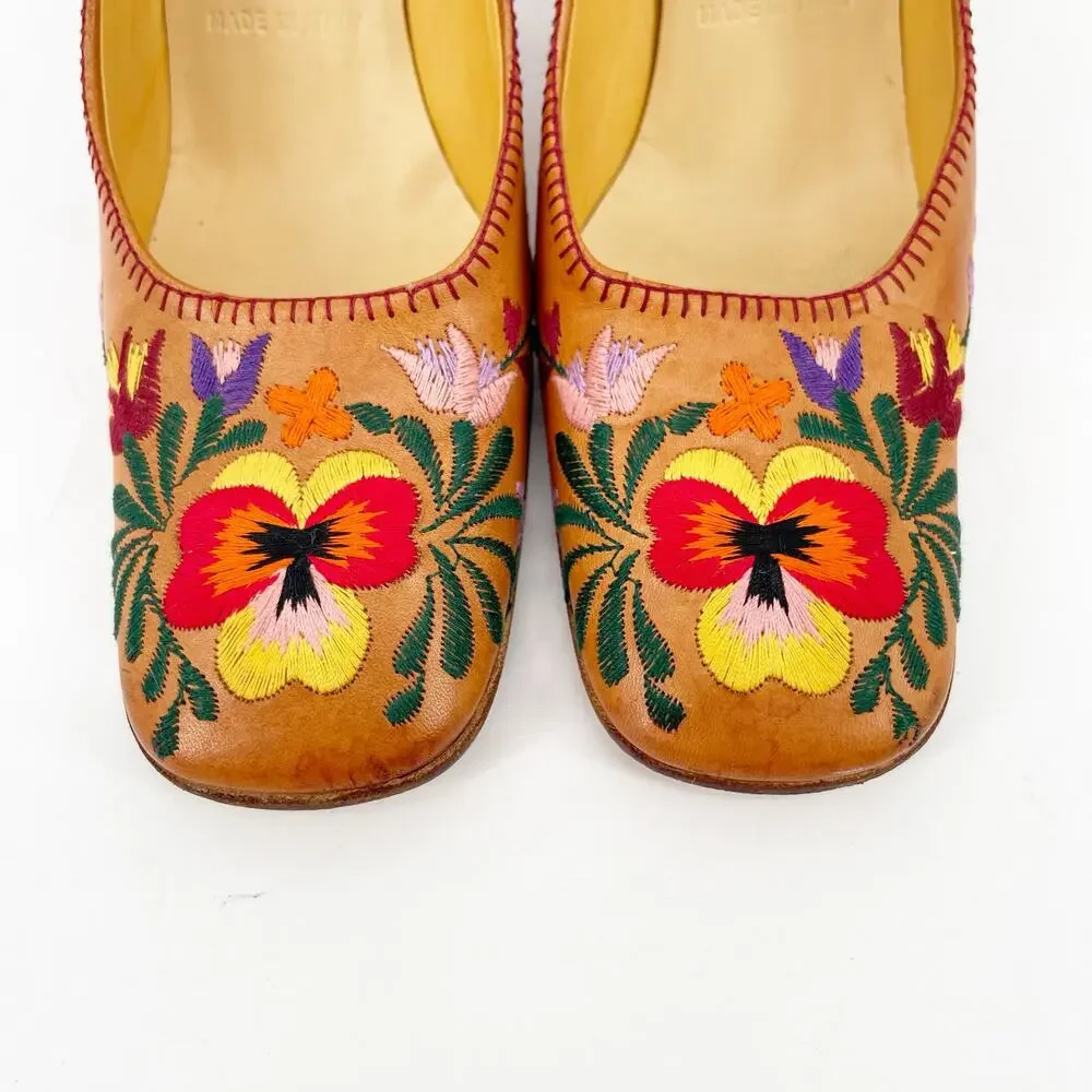 Miu Miu Vintage Tan Leather Floral Embroidered Square Toe Block Heel Pumps IT 36 - Picture 6 of 10